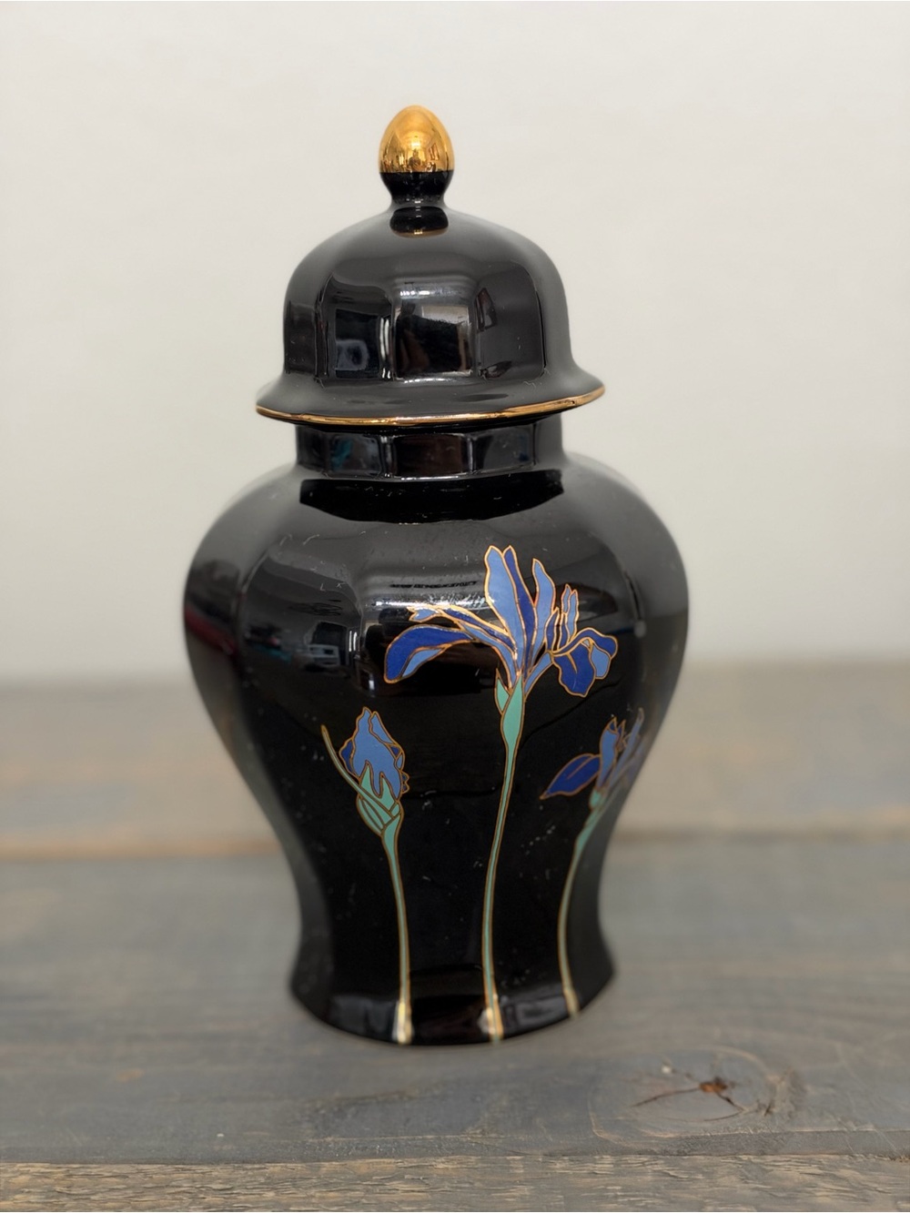 Vintage Otagiri Japan Blue Iris Ginger Jar & Trinket Box Set Black Floral - Picture 2 of 16